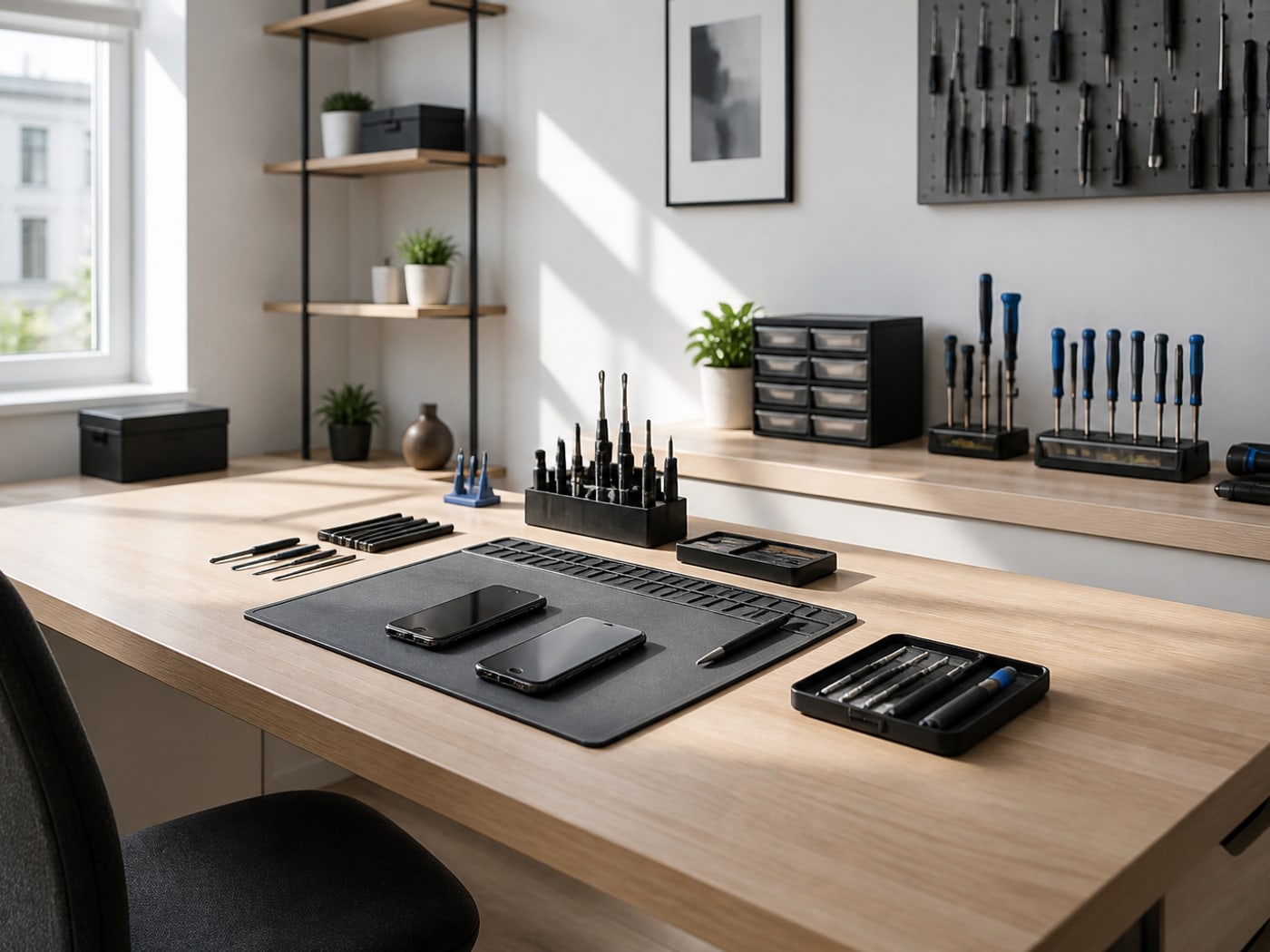 Atelier iSmartFix à Lille, établi de réparation rangé