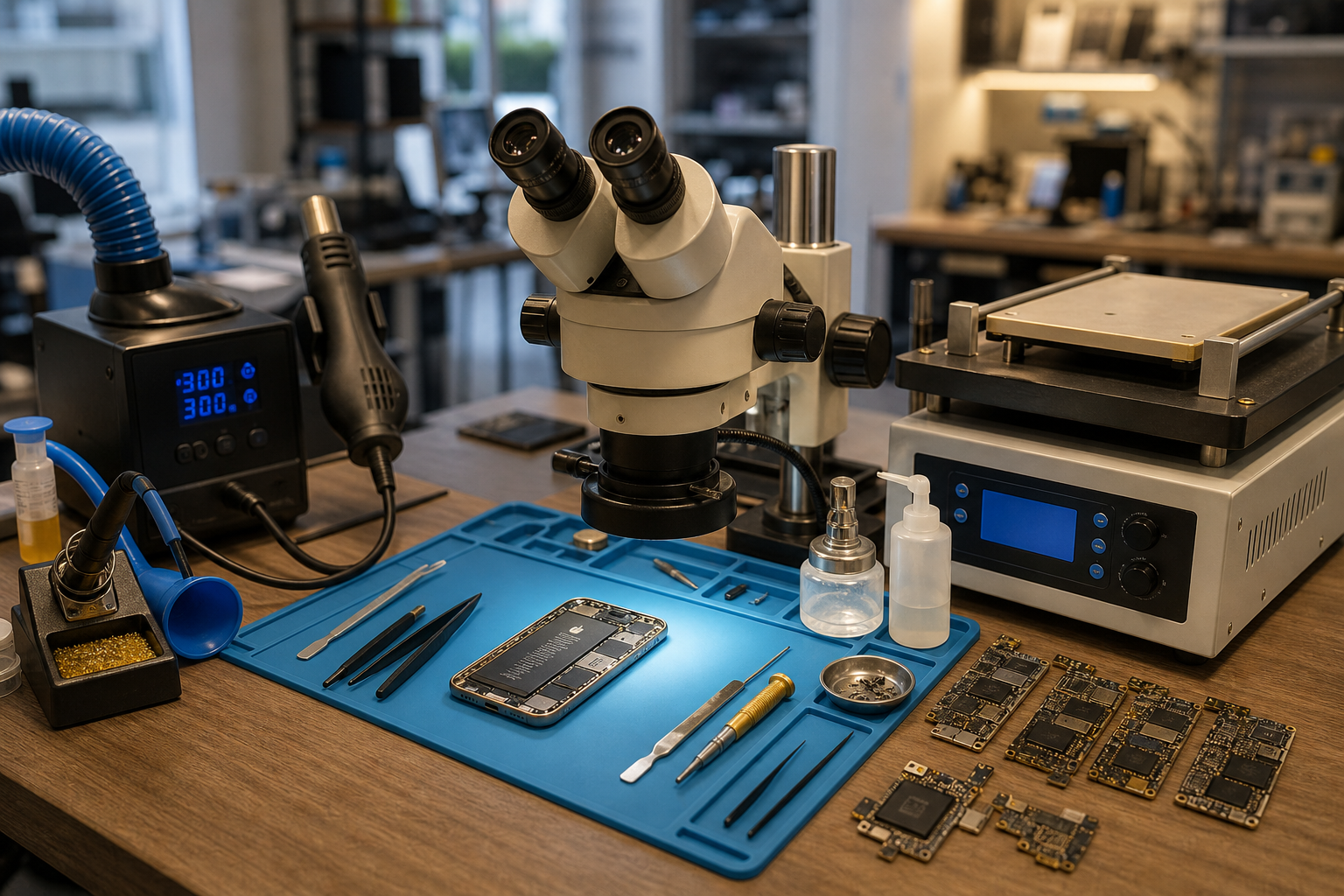 Atelier de micro-soudure iSmartFix à Lille : microscope, station air chaud et cartes mères